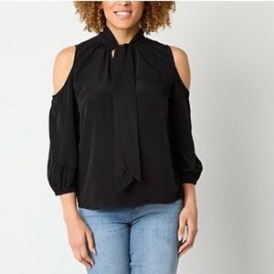 Bold Elements Dressy Black Split Tie Neck - 3/4 Cold Shoulder Sleeve Blouse
